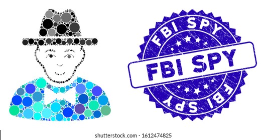 Collage spy icon and grunge stamp seal with FBI Spy text. Mosaic vector is formed from spy icon and with random spheric elements. FBI Spy stamp seal uses blue color, and grunged surface.
