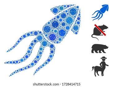 Collage squid united from flu virus icons in random sizes and color hues. Vector pathogen items are organized into abstract collage squid icon. Some bonus icons are added.
