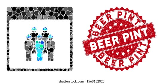 Collage staff calendar page and grunge stamp seal with Beer Pint caption. Mosaic vector is created with staff calendar page icon and with scattered circle spots. Beer Pint stamp seal uses red color,