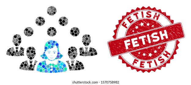 Collage staff team and rubber stamp watermark with Fetish caption. Mosaic vector is created with staff team icon and with scattered circle elements. Fetish stamp uses red color, and rubber texture.