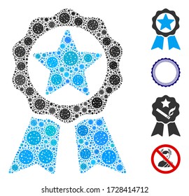 Galardón estrella de grupo compuesto por elementos del virus SARS en tamaños variables y tonos de color. Los iconos de patógenos vectoriales se agrupan en un icono de estrella de collage abstracto. Se añaden algunos iconos adicionales.