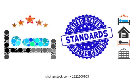 Collage star hotel bed icon and rubber stamp seal with United States Standards text. Mosaic vector is created with star hotel bed icon and with random spheric elements.