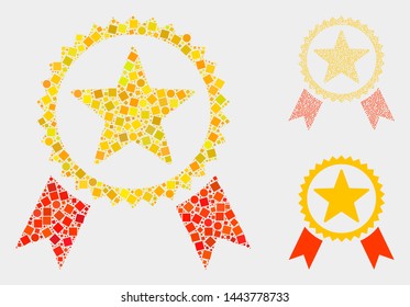 Collage Star seal icon united from round and square items in random sizes, positions and proportions. Vector round and square items are united into abstract shape star seal icons.