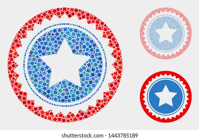 Collage Star seal stamp icon composed of spheric and square items in random sizes, positions and proportions. Vector spheric and square spots are composed into abstract collage star seal stamp icons.