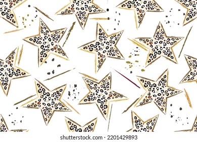 Collage star seamless pattern, leopard skin pattern, pencil strokes, white background.