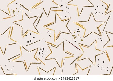 Collage estrellas patrón sin fisuras, trazos de lápiz de dibujo, salpicaduras. Impresión para papel de vacaciones, embalaje, Fondo de pantalla, tela. Ilustración vectorial sobre fondo beige.