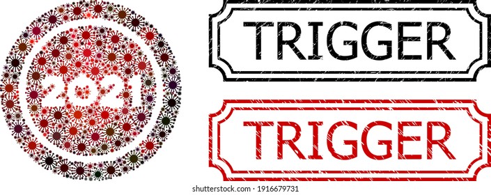 Collage start 2021 round button composed of covid-2019 icons, and grunge Trigger rectangle seal stamps with notches.