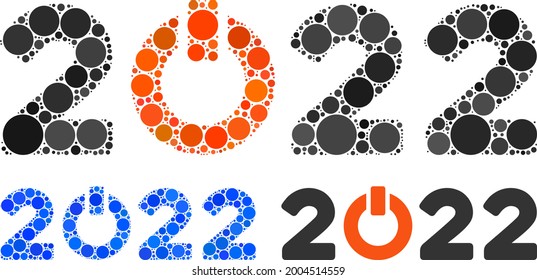 Collage start 2022 caption icon composed of round items in variable sizes, positions and proportions. Blue and original versions of start 2022 caption icon.