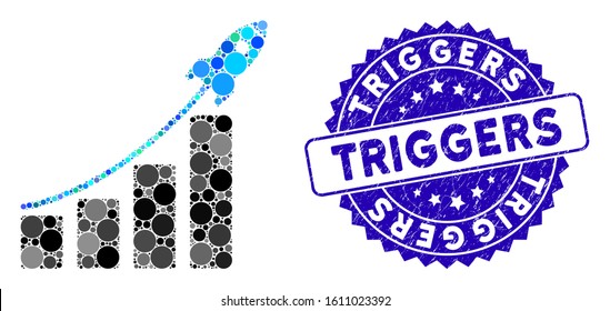 Collage startup sales chart icon and grunge stamp seal with Triggers phrase. Mosaic vector is formed from startup sales chart icon and with randomized spheric elements.