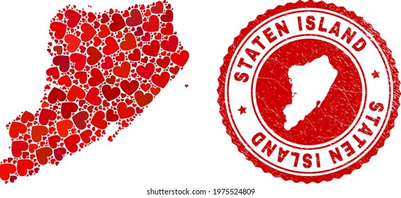 Collage Staten Island map created from red love hearts, and rubber seal stamp. Vector lovely round red rubber seal stamp imprint with Staten Island map inside.