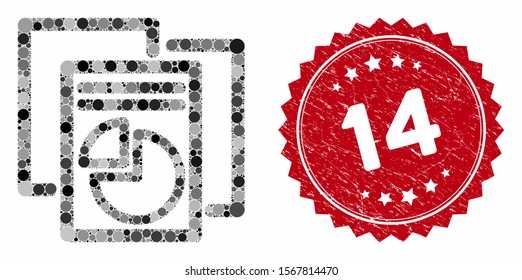 Collage statistics and grunge stamp seal with 14 phrase. Mosaic vector is designed with statistics icon and with random round items. 14 stamp seal uses red color, and rubber surface.