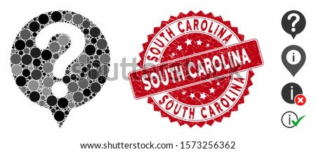 Collage status icon and corroded stamp seal with South Carolina text. Mosaic vector is formed with status icon and with scattered round elements. South Carolina stamp seal uses red color,