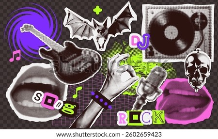 Collage stickers set with dotted halftone effect - hand with OK gesture, vinyl player, Rock guitar, bat, mike. Textured Psychedelic elements for y2k grunge design. New Wave. Punk. Vector