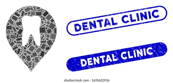 Collage stomatology marker and rubber stamp watermarks with Dental Clinic caption. Mosaic vector stomatology marker is designed with scattered rectangle items.