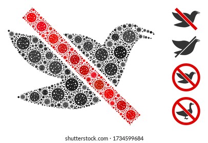 Collage stop bird composed of flu virus icons in various sizes and color hues. Vector viral icons are united into abstract collage stop bird icon. Some bonus icons are added.