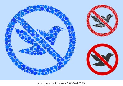 Collage Stop birds icon organized from round items in various sizes, positions and proportions. Vector blue round spots are composed into abstract collage stop birds icon. Light blue background.