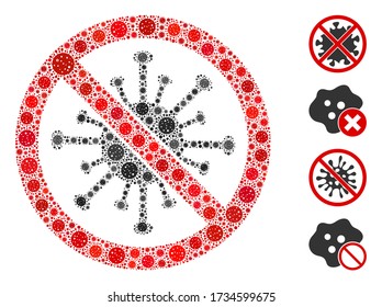 Collage stop coronavirus designed from coronavirus icons in different sizes and color hues. Vector pathogen parts are arranged into abstract collage stop coronavirus icon. Some bonus icons are added.