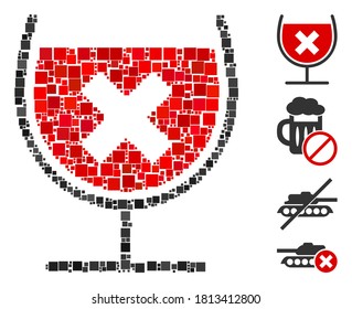Collage Stop drink wine icon organized from square elements in different sizes and color hues. Vector square elements are composed into abstract collage stop drink wine icon.