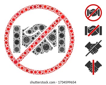 Collage stop handshakes composed of covid-2019 virus items in random sizes and color hues. Vector viral icons are arranged into abstract mosaic stop handshakes icon. Some bonus icons are added.