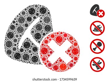 Collage stop meat eating composed of covid-2019 virus elements in different sizes and color hues. Vector viral elements are combined into abstract illustration stop meat eating icon.