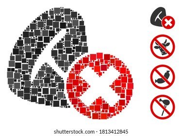 Collage Stop meat eating icon designed from square elements in variable sizes and color hues. Vector square items are arranged into abstract collage stop meat eating icon. Bonus pictograms are added.