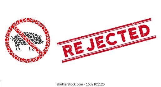 Collage stop pig icon and rubber stamp seal with red Rejected phrase between double parallel lines. Mosaic vector is designed with stop pig icon and with randomized ellipse elements.