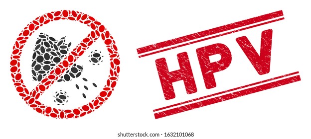 Collage stop swine flu icon and rubber stamp seal with red Hpv phrase between double parallel lines. Mosaic vector is designed with stop swine flu icon and with randomized elliptic elements.