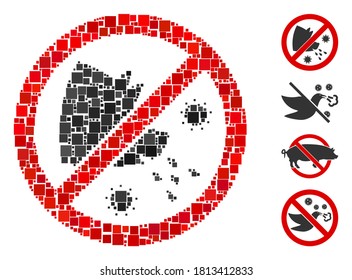 Collage Stop swine flu icon constructed from square items in random sizes and color hues. Vector square items are composed into abstract collage stop swine flu icon. Bonus pictograms are placed.