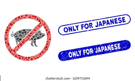 Collage stop swine icon and red round rubber stamp seal with Only for Japanese caption and coronavirus symbol. Mosaic vector is composed with stop swine icon and with random circle spots.