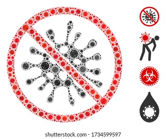 Collage stop virus infection constructed from covid-2019 virus icons in various sizes and color hues. Vector infection icons are organized into abstract collage stop virus infection icon.