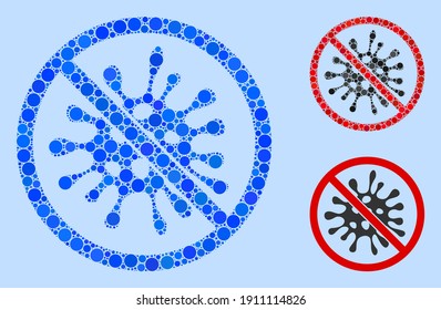 Collage Stopp Virus Infektion Symbol entwickelt aus Kreiselementen in zufälligen Größen, Positionen und Proportionen. Vektorblaue Kreissymbole werden zu einem abstrakten Mosaik Stopp-Virus-Infektionssymbol zusammengesetzt.