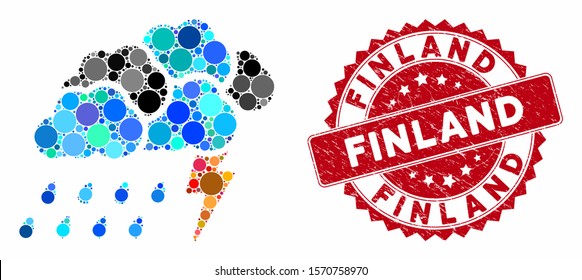 Collage storm and corroded stamp seal with Finland text. Mosaic vector is created with storm icon and with randomized round elements. Finland stamp seal uses red color, and grunge surface.
