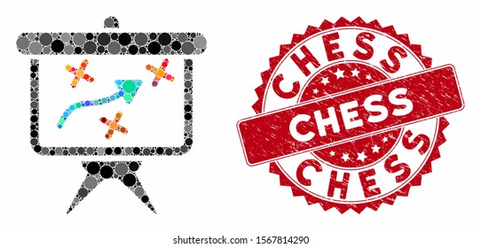 Collage strategy and distressed stamp seal with Chess phrase. Mosaic vector is composed with strategy icon and with random circle items. Chess stamp seal uses red color, and rubber design.