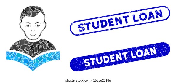 Collage student and corroded stamp seals with Student Loan phrase. Mosaic vector student is composed with scattered rectangle items. Student Loan stamp seals use blue color,