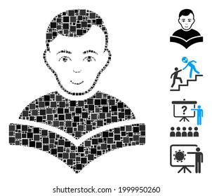 Collage Student icon organized from square items in different sizes and color hues. Vector square elements are organized into abstract collage student icon. Bonus pictograms are added.