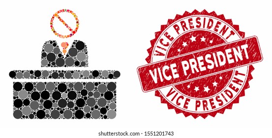 Collage stupid clerk and rubber stamp watermark with Vice President caption. Mosaic vector is designed with stupid clerk icon and with scattered round items. Vice President stamp seal uses red color,