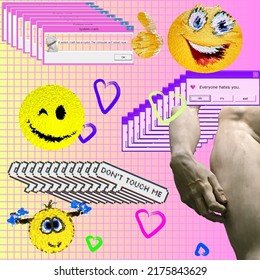 collage in the style of the 2000s, emoticons, pixels, neon pink, antique, neon yellow, for letters, for T-shirts and retro postcards, retro browser window in the style of vaporwave of the 90s with sti