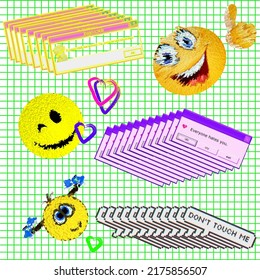 collage in the style of the 2000s, emoticons, pixels, neon pink, antique, neon yellow, for letters, for T-shirts and retro postcards, retro browser window in the style of vaporwave of the 90s with sti