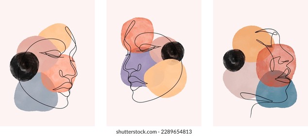 Collage style Abstract water color background Wall Art with black line art contemporary faces artwork set of three for business cover design or wall art for home or office