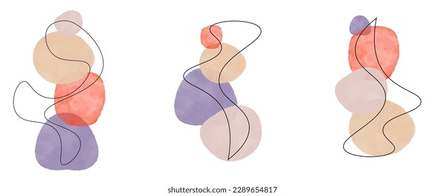 Collage style Abstract water color background poster with black line art contemporary chic artwork set of three for business cover design or wall art for home or office