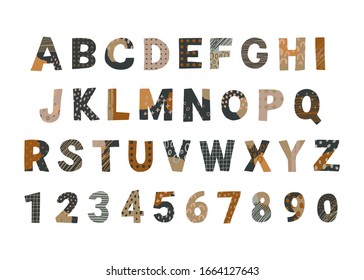 Collage Style Alphabet Letters And Numbers. Vector Handwriting Type. Cut Out Font.