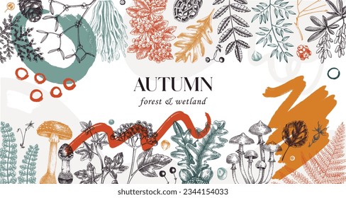 Collage style Autumn frame. Hand-drawn vector illustration. Autumn forest banner design. Fallen leaves, mushrooms, ferns, woodland plants, berries sketches. 