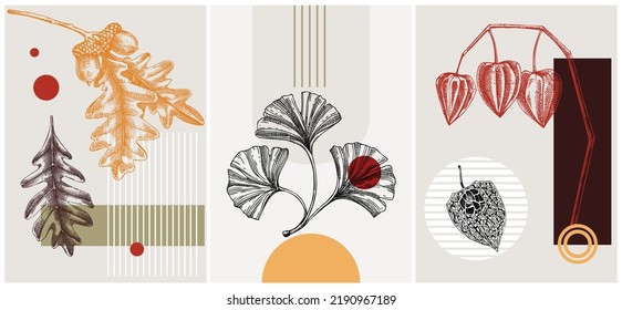 Collage style autumn vector illustration. Fallen leaves and dried flowers sketches. Trendy fall design with botanical, geometric shapes, and abstract elements. For print, poster, cards, social media