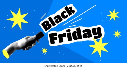 Collage style Black Friday banner. Halftone hand shining a flashlight on the inscription Black Friday. Trendy newspaper elements. Y2k style. Modern sale banner