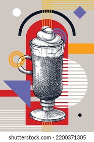 Collage style coffee vector illustration. Sketched latte drawing. Trendy design with coffee glass, geometric and abstract shapes. Hot drink sketch for print, poster, card, social media, menu, wall art