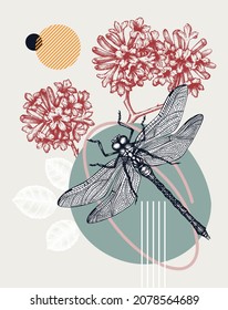 Collage style dragonfly vector illustration. Hand-sketched insect on Pink trumpet tree. Trendy design with floral, geometric shapes, abstract elements. Perfect for print, poster, card, wall art.