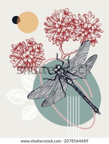 Collage style dragonfly vector illustration. Hand-sketched insect on Pink trumpet tree. Trendy design with floral, geometric shapes, abstract elements. Perfect for print, poster, card, wall art.