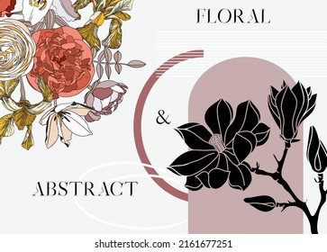 Collage style floral vector illustration. Hand-sketched spring flowers. Trendy design with flowers, geometric shapes, and abstract elements. Perfect for print, posters, card, social media, and wall ar