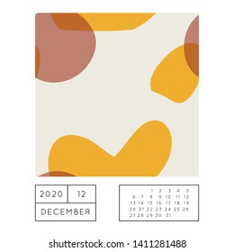 Collage style Fluid organic geometry shapes 2020 December calendar. Modern and original wall art design. Social media mockup. Week starts on subnday.