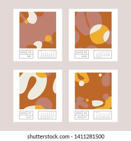 Collage style Fluid organic geometry shapes 2020 May, June, July, August calendar. Modern and original wall art design. Social media mockup. Week starts on subnday.